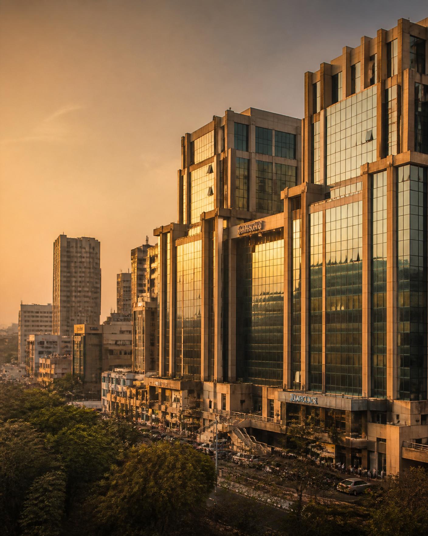 Nehru Place commercial towers at golden hour